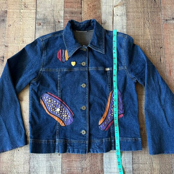 Lizwear Jeans Women's Upcycled Custom Button Up Denim Jacket Studded Patches - Picture 6 of 10